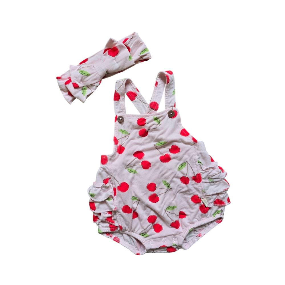 Milkberry Bamboo Pink Cherry Overall Bubble Romper with Hair Bow Size 3-6 Months